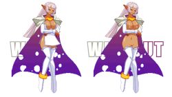 1girl animated animated_gif ankle_cuff anklet arcana_heart belly boots bracelet breasts cape cleavage cleft_of_venus closed_eyes completely_nude dark_skin dress female_focus jewelry large_breasts long_hair navel nipples no_panties nude open_mouth pannonique parace_l&#039;sia pixel_art pointy_ears purple_cape pussy revealing_clothes side-by-side smile thighhighs torn_cape torn_clothes uncensored white_dress white_footwear white_hair white_thighhighs