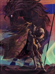 1boy armor black_horse borrowed_character colored_sclera commentary english_commentary flag full_armor full_body highres holding holding_sword holding_weapon horse male_focus orange_eyes original purple_sclera solo standing sword tworain_w weapon yellow_cloak