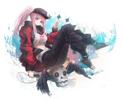 1girl black_pants black_shoes blush brown_hat closed_mouth commentary franlol full_body hand_up hat highres holding holding_microphone hololive hololive_english jacket long_hair long_sleeves looking_at_viewer microphone midriff mori_calliope mori_calliope_(streetwear) navel official_alternate_costume open_clothes open_jacket pants pink_hair ponytail print_shirt red_eyes red_jacket shirt shoes simple_background skull skull_print sneakers solo v virtual_youtuber white_background white_shirt