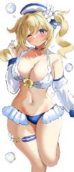 1girl barbara_(genshin_impact) bikini blonde_hair blue_bikini blue_choker blue_eyes blue_hat blush bow bow_bikini breasts bubble choker detached_sleeves flower flower_ornament frilled_bikini frills genshin_impact hair_flower hair_ornament hair_ribbon hair_scrunchie hat highres jewelry kisahipi large_breasts long_hair looking_at_viewer navel ribbon sailor_collar sailor_hat scrunchie sideboob simple_background sleeve_cuffs solo stomach swimsuit thigh_strap thighlet thighs twintails white_background white_bikini