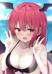 1girl :d absurdres alternate_costume bare_shoulders bat_wings beach bikini black_bikini black_wings blurry blurry_background blush breasts cleavage collarbone commentary_request day double_v eyes_visible_through_hair hair_between_eyes hands_up head_wings highres koakuma lens_flare light_rays long_hair looking_at_viewer medium_breasts ocean open_mouth outdoors red_eyes red_hair smile solo sunlight swimsuit szl touhou upper_body v wings