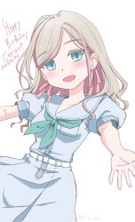 1girl 805_south :d absurdres aqua_neckerchief blue_dress blue_eyes blue_sailor_collar blush breast_pocket ceras_yanagida_lilienfeld character_name commentary_request dated dress english_text grey_hair hair_ribbon happy_birthday hasu_no_sora_school_uniform highres link!_like!_love_live! looking_at_viewer love_live! neckerchief open_hand open_mouth outstretched_arms parted_bangs pink_ribbon pocket puffy_short_sleeves puffy_sleeves ribbon sailor_collar school_uniform short_sleeves simple_background smile solo summer_uniform virtual_youtuber white_background