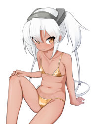1girl absurdres bikini cameltoe closed_mouth collarbone commentary_request covered_erect_nipples flat_chest gold_bikini highres invisible_chair kantai_collection long_hair looking_at_viewer maru_(marg0613) musashi_(kancolle) navel orange_eyes paid_reward_available sitting solo swimsuit variant_set white_hair