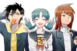 1girl 2boys alternate_costume black_hair black_suit blue_hair brown_hair closed_eyes dango eel ethan_(pokemon) food formal_clothes kris_(pokemon) light_blue_hair multiple_boys nintendo pokemon pokemon_adventures school_uniform serafuku shawm_(artist) shirt silver_(pokemon) suit tempura twintails wagashi white_shirt
