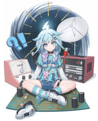 !? 1girl absurdres ahoge asymmetrical_legwear black_choker blue_bow blue_eyes blue_hair blue_shirt blue_shorts blue_socks bow braid can choker closed_mouth cup dead_10001 full_body hair_bow hair_ornament hairclip highres hololive indian_style layered_sleeves long_hair long_sleeves looking_at_viewer mizumiya_su multicolored_hair o-ring o-ring_choker pink_hair power_symbol shirt shoes short_over_long_sleeves short_sleeves shorts single_shoe sitting smile sneakers socks solo striped_clothes striped_socks thigh_strap torn_clothes torn_shirt twin_braids unworn_shoes virtual_youtuber