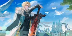 1boy bird blonde_hair blue_eyes blue_sky cathedral closed_mouth cloud coat collared_coat commentary_request facial_scar from_below genshin_impact highres l78154477 looking_to_the_side mondstadt_city open_clothes open_coat outdoors pants planted planted_sword planted_weapon scar scar_on_cheek scar_on_face sky solo standing sword varka_(genshin_impact) weapon windmill wolf&#039;s_gravestone_(genshin_impact)