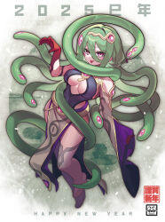 1girl 2025 baniran_dorosu breasts chinese_zodiac claw_pose forked_tongue full_body green_hair hair_between_eyes high_heels highres long_hair looking_at_viewer medium_breasts monster_girl original pelvic_curtain personification red_eyes single_sleeve single_sleeve_past_wrist slit_pupils snake snake_hair solo thighhighs tongue tongue_out very_long_hair wedge_heels year_of_the_snake