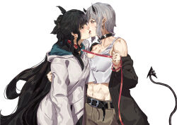 2girls abs absurdres animal_collar artemis_of_the_blue atelier_live avetetsuya_studios black_choker black_hair black_horns black_jacket blue_tongue blunt_bangs choker collar colored_tongue couple cross cross_earrings demon_tail ear_piercing earrings french_kiss hair_ribbon highres hood hood_down hoodie horns indie_virtual_youtuber jacket jewelry kiss leash leash_pull midriff mole mole_under_eye multiple_girls muscular muscular_female piercing pointy_ears ponytail red_eyes red_leash ribbon rinkya shark_girl short_hair tail tank_top virtual_youtuber white_background white_hoodie white_tank_top yuri