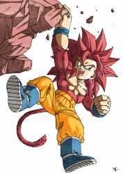 Rule 34 | 1boy, blue boots, boots, chibi, commentary request, dragon ball, dragon ball daima, full body, highres, kakeru (dbskakeru), long hair, male focus, monkey tail, muscular, muscular male, orange pants, pants, red eyes, red hair, red tail, simple background, solo, son goku, spiked hair, super saiyan, super saiyan 4, tail, topless male, white background