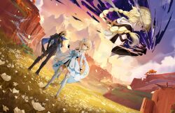 1girl 2boys absurdres abysssian aether_(genshin_impact) artist_collaboration bare_shoulders black_boots black_gloves black_mask black_pants blonde_hair blue_eyes boots braid braided_ponytail breasts brother_and_sister cape cleavage cliff closed_mouth commentary dainsleif_(genshin_impact) derivative_work dress dutch_angle english_commentary falling_petals field floating_hair flower flower_field full_body genshin_impact gloves grass hair_between_eyes hair_flower hair_ornament highres long_hair lumine_(genshin_impact) marion_junn mask_over_one_eye medium_breasts multiple_boys orange_eyes outdoors pants partially_fingerless_gloves petals short_hair short_hair_with_long_locks siblings single_braid sunrise thigh_boots two-sided_cape two-sided_fabric white_boots white_dress yellow_eyes