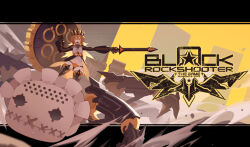 Rule 34 | 1girl, armored boots, black rock shooter, blonde hair, boots, chariot (black rock shooter), crown, gauntlets, holding, holding shield, holding sword, holding weapon, midriff, navel, open mouth, panties, shield, sword, teeth, underwear, upper teeth only, weapon, weilaifyxinwang, yellow eyes, yellow panties