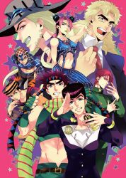 1girl 6+boys akyouin_noriaki animal_print bad_id bad_pixiv_id bare_shoulders beard black_hair blonde_hair blue_eyes braid clenched_hand clenched_teeth crop_top dixie_cup_hat double_bun earrings facial_hair fingerless_gloves gakuran giorno_giovanna gloves groin guido_mista gyro_zeppeli hair_bun hat headband higashikata_josuke higashikata_josuke_(jojolion) highres hip_bones jewelry jojo_no_kimyou_na_bouken jojolion joseph_joestar joseph_joestar_(young) kakyoin_noriaki kuujou_jolyne lipstick long_hair looking_at_viewer makeup midriff military_hat mullet multicolored_hair multiple_boys muscular navel pink_hair pompadour robert_e._o._speedwagon s_gentian scar scarf school_uniform shouting steel_ball_run striped_clothes striped_scarf teeth two-tone_hair vento_aureo