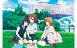 3girls absurdres artbook asaka_karin blue_eyes blue_shirt blue_vest blunt_bangs bow braid brown_hair cardigan closed_eyes cloud collared_shirt day dress_shirt emma_verde food freckles grass hair_between_eyes hair_ornament highres konoe_kanata long_hair love_live! love_live!_nijigasaki_high_school_idol_club low_twintails medium_hair multiple_girls neck_ribbon nijigasaki_school_uniform non-web_source official_art outdoors pillow plaid_clothes plaid_skirt pleated_skirt purple_eyes purple_hair ribbon sandwich school_uniform shirt short_hair short_sleeves sitting skirt sky sleeping smile socks summer_uniform sweater_vest tree twin_braids twintails vest wavy_hair white_shirt