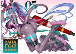1girl aqua_nails ass black_horns body_markings breasts colored_skin colored_tongue dark-skinned_female dark_skin dragon_girl fate/grand_order fate_(series) full_body grey_skin highres honjou_raita horns huge_ass huge_breasts ibuki_douji_(fate) ibuki_douji_(swimsuit_berserker)_(fate) ibuki_douji_(swimsuit_berserker)_(first_ascension)_(fate) long_hair looking_back looking_to_the_side multicolored_horns multiple_horns nail_polish oil-paper_umbrella oni pink_horns pointy_ears purple_tongue shiny_skin shoes smile sneakers tail tongue tongue_out umbrella very_long_hair wet