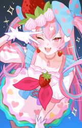 1girl aqua_hair bow choker corset dress earrings food food-themed_hair_ornament frills fruit fymrie gloves hair_ornament heart heart_print highres jewelry leaning_forward long_hair looking_at_viewer one_eye_closed open_mouth original pink_choker pink_dress pink_eyes pink_hair polka_dot polka_dot_bow solo strawberry strawberry_hair_ornament twintails white_gloves
