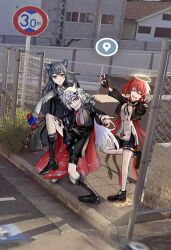 3girls animal_ears arknights bad_tag black_gloves black_jacket black_vest blue_gloves blue_necktie closed_eyes closed_mouth commentary_request double_v expressionless exusiai_(arknights) exusiai_the_new_covenant_(arknights) fence fingerless_gloves full_body gloves google_street_view gradient_necktie grey_hair hair_between_eyes halo high_school_girls_posing_for_google_street_view_(meme) highres jacket lappland_(arknights) lappland_the_decadenza_(arknights) long_hair long_sleeves looking_at_viewer material_growth medium_hair meme multiple_girls necktie official_alternate_costume one_side_up oripathy_lesion_(arknights) photo_background po!son red_hair road_sign shirt sign smile texas_(arknights) texas_the_omertosa_(arknights) traditional_halo v vest white_shirt wolf_ears wolf_girl