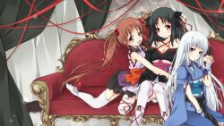3girls :d between_legs black_hair blue_eyes blue_hair blush bow breasts cleavage couch curtains garter_straps hair_bobbles hair_ornament hand_between_legs holding_hands hime_cut hug irori_(machine-doll) japanese_clothes kimono komurasaki long_hair machine-doll_wa_kizutsukanai multiple_girls nora-toro obi open_mouth orange_hair red_eyes red_upholstery ribbon sash short_kimono short_yukata sitting smile thighhighs twintails very_long_hair white_legwear yaya_(machine-doll) yellow_eyes yukata