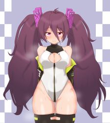 Rule 34 | 1girl, alice gear aegis, battle girl high school, black jacket, black thighhighs, breasts, breath, brown hair, checkered background, circle cutout, cleavage cutout, clothes pin, clothing cutout, companion/af, covered collarbone, front zipper, full-length zipper, hair between eyes, heattech leotard, highleg, highleg leotard, highres, jacket, jacket partially removed, large breasts, leotard, long hair, multicolored leotard, penpeko, race queen, red eyes, sleeveless turtleneck leotard, solo, thigh gap, thighhighs, tsubuzaki anko, turtleneck, twintails, two-tone leotard, white leotard, zipper, zipper leotard, zipper pull tab