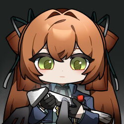Rule 34 | 1girl, animal, artist request, black gloves, black ribbon, brown hair, chibi, chinese commentary, commentary request, girls&#039; frontline, girls&#039; frontline 2: exilium, gloves, green eyes, hair intakes, highres, holding, holding animal, jacket, looking at animal, non-humanoid robot, official art, open clothes, open jacket, ribbon, robot, robot animal, robot bird, second-party source, shirt, solo, springfield (girls&#039; frontline), taryz (girls&#039; frontline 2), twintails, upper body, white shirt