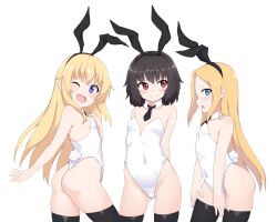 3girls absurdres animal_ears ass black_hair black_souls blonde_hair blue_eyes blush breasts covered_navel edith_liddell_(black_souls) fake_animal_ears highres leotard long_hair looking_at_viewer lorina_(black_souls) lorina_liddell_(black_souls) multiple_girls one_eye_closed open_mouth playboy_bunny purple_eyes rabbit_ears red_eyes ribbonsnek short_hair simple_background small_breasts smile thighhighs white_background white_leotard