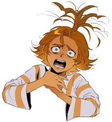 Rule 34 | 1girl, anxiety (inside out 2), aqua eyes, braces, colored skin, fingernails, freckles, hands on own neck, high ponytail, inside out, inside out 2, kugai697139, long hair, long sleeves, looking at viewer, messy hair, open mouth, orange hair, orange skin, ponytail, solo, striped clothes, striped sweater, sweater, teeth, tongue, turtleneck, turtleneck sweater, upper body, white sweater, wide sleeves