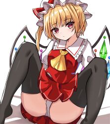 1girl ascot black_thighhighs blonde_hair blush bow breasts closed_mouth cola collarbone crystal expressionless feet_out_of_frame female_focus flandre_scarlet frilled_shirt frilled_shirt_collar frilled_skirt frilled_sleeves frills hat hat_ribbon head_tilt highres kiui_(dagk8254) loli looking_at_viewer m_legs mob_cap multicolored_wings no_shoes panties puffy_short_sleeves puffy_sleeves red_bow red_eyes red_ribbon red_skirt red_vest ribbon shirt short_hair short_sleeves simple_background skirt small_breasts solo spread_legs thighhighs thong touhou underwear vest white_background white_hat white_panties white_shirt wings yellow_ascot