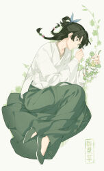 1girl absurdres black_hair blue_eyes chinese_clothes clenched_hand full_body green_hanfu green_shoes hair_bun hair_ribbon half_updo hanfu highres jacket kusuriya_no_hitorigoto long_hair long_sleeves lying maomao_(kusuriya_no_hitorigoto) on_side ribbon shoes simple_background tsubsa_syaoin white_background white_jacket