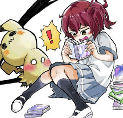 Rule 34 | !, 1girl, :o, artist name, black socks, blush, book, book stack, gen 7 pokemon, grey skirt, hair bobbles, hair ornament, komari chika, make heroine ga oo sugiru!, mimikyu, nintendo, originbeginer, pokemon, pokemon (creature), reading, red hair, school uniform, shirt, shoes, sitting, skirt, socks, uwabaki, white background, white shirt, yellow eyes