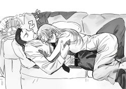 1boy 1girl belt closed_eyes commentary_request dress glasses greyscale highres hug kisaki_eri long_hair meitantei_conan mercuryxun monochrome mouri_kogoro necktie pants short_hair sleeping sleeping_on_person zzz