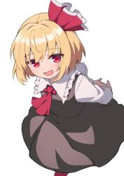 1girl :d arms_behind_back black_skirt blonde_hair blush dot_nose eyes_visible_through_hair feet_out_of_frame hair_between_eyes hair_ribbon highres hiyaya_(kochi_michikaze) long_sleeves looking_at_viewer necktie open_mouth red_eyes red_necktie red_ribbon ribbon rumia short_hair simple_background skirt smile solo standing touhou white_background