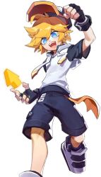 Rule 34 | 1boy, :d, ahoge, aotu world, arrow (symbol), baseball cap, black gloves, black hat, black shorts, blonde hair, blue eyes, clenched hand, drawstring, fingerless gloves, full body, gloves, hair between eyes, hand up, hat, hood, hoodie, king (aotu world), looking at viewer, male focus, multicolored hat, multicolored hoodie, multicolored shoes, official art, open mouth, pointy ears, qi chuang she, shoes, short hair, short sleeves, shorts, simple background, smile, sneakers, solo, teeth, third-party source, transparent background, white hoodie, white shoes