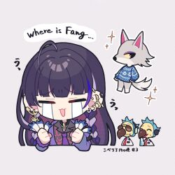 1girl 3boys absurdres ahoge barbell_piercing black_collar black_hair black_shirt blue_sweater blunt_bangs braid chibi clenched_hands closed_eyes closed_mouth collar collared_shirt commentary_request crying ear_piercing earrings english_text fang_(animal_crossing) furry furry_male gold_earrings gradient_necktie grey_background hands_up highres holding holding_ticket industrial_piercing jacket jewelry linked_piercing long_hair long_sleeves meloco_kyoran meloco_kyoran_(1st_costume) multicolored_hair multiple_boys necktie nijisanji nijisanji_en open_clothes open_jacket open_mouth orville_(animal_crossing) piercing purple_hair purple_jacket purple_necktie sekka_(sekka1202) shirt side_braids simple_background sparkle streaked_hair streaming_tears sunglasses sweatdrop sweater tears ticket translation_request twin_braids upper_body very_long_hair virtual_youtuber white_shirt wilbur_(animal_crossing)