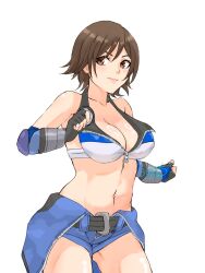 1girl bare_shoulders belt bikini bikini_top_only breasts brown_eyes brown_hair cleavage elbow_gloves fingerless_gloves gloves highres jumpsuit jumpsuit_pull kazama_asuka large_breasts looking_to_the_side navel short_hair signature stomach swimsuit tekken tomboy usuginu1000 zipper