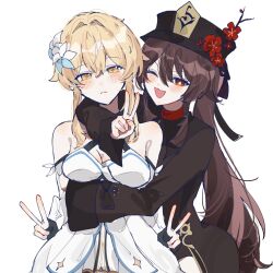 Rule 34 | 2girls, blonde hair, blush, brown shirt, chinese clothes, dress, flower, flower-shaped pupils, frown, genshin impact, hair flower, hair ornament, hat, hat flower, hat tassel, highres, hu tao (genshin impact), hug, long hair, lumine (genshin impact), multiple girls, one eye closed, open mouth, plum blossoms, red eyes, shirt, short hair with long locks, smile, symbol-shaped pupils, twintails, v, white background, white dress, yellow eyes, yunoji (onigiri yumi09), yuri