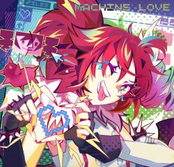 1girl alternate_costume armlet black_gloves blue_eyes bracelet detached_sleeves drill_hair fang fingerless_gloves fingernails fur-trimmed_shirt fur_trim gloves hair_between_eyes hair_ribbon heart heart_hands jewelry kasane_teto looking_at_viewer machine_love_(synthesizer_v) nova_borealis one_eye_closed red_hair red_nails ribbon shirt single_detached_sleeve smile solo spiked_armlet spiked_bracelet spiked_sleeves spikes teeth tongue tongue_out twin_drills upper_body utau white_background white_ribbon white_shirt white_sleeves window_(computing)