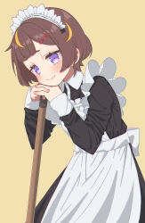 Rule 34 | 1girl, absurdres, alternate costume, anya melfissa, aobara hairi, apron, black dress, blonde hair, blush, brown hair, closed mouth, dress, hair ornament, hairpin, head rest, highres, hololive, hololive indonesia, looking at viewer, maid, maid apron, maid headdress, multicolored hair, purple eyes, smile, solo, streaked hair, virtual youtuber, white apron, white headdress