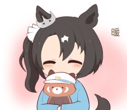 1girl ^_^ animal animal_ears animal_hug animalization black_hair blue_shirt blush_stickers cheval_grand_(umamusume) chibi closed_eyes ears_through_headwear gomashio_(goma_feet) hair_between_eyes hat horse_ears horse_girl horse_tail long_sleeves parted_bangs peaked_cap red_panda satono_crown_(umamusume) shirt side_ponytail sleeves_past_wrists tail translation_request umamusume white_hat