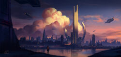 Rule 34 | 1other, chinnkun, cityscape, cloud, dusk, facing away, from behind, lake, landscape, original, painterly, science fiction, signature, sky, spacecraft, sunlight, tower