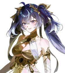 1girl ahoge artistic_error bad_id bad_twitter_id bare_shoulders blue_eyes blue_hair breasts cleavage collarbone commentary fsuusux gold_bra hair_belt hair_between_eyes hair_ornament hashtag-only_commentary head_wreath highres iuno_(wuthering_waves) long_hair looking_at_viewer medium_breasts multicolored_hair parted_lips simple_background smile solo streaked_hair twintails underboob upper_body wuthering_waves