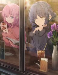 3girls absurdres black_shirt blue_eyes blue_hair bocchi_the_rock! closed_mouth cup drink drinking_glass gotoh_hitori highres holding holding_cup ijichi_nijika jacket long_hair long_sleeves mole mole_under_eye multiple_girls one_side_up oyaji_hime pink_hair pink_jacket shirt short_hair track_jacket yamada_ryo yellow_eyes