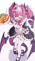 1girl absurdres adversarial_noise bat_wings black_shoes breasts cleavage demon_girl demon_tail dress drill_hair fang food food_writing frilled_headband garter_straps hair_ornament heart highres holding holding_plate interlocked_male-female_and_venus_symbols ketchup looking_at_viewer maid omelet omurice one_eye_closed open_mouth original plate pointy_ears pouch purple_eyes purple_hair purple_ribbon ribbon shoes solo spiked_knuckles tail thighhighs twin_drills v white_thighhighs wings zizi_niisan