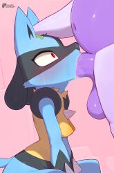 1boy 1girl absurdres blue_fur blush breasts constricted_pupils cum cum_in_mouth cum_overflow fellatio furry furry_female furry_male furry_with_furry gen_4_pokemon gen_6_pokemon goodra highres interspecies lucario navel nintendo nipples oral penis pokemon pokemon_(creature) purple_fur rabbitadvisory red_eyes small_breasts solo_focus testicles uncensored wolf_girl yellow_fur