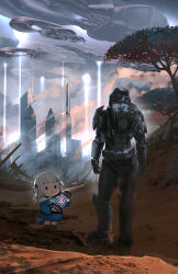 1girl :| absurdres advarcher armor blue_hoodie blunt_bangs building chibi closed_mouth commentary container english_commentary fins fish_tail from_behind full_body gawr_gura gawr_gura_(1st_costume) hair_ornament halo:_reach halo_(series) highres hololive hololive_english hood hood_down hoodie looking_down outdoors power_armor power_suit ruins scenery science_fiction shark_hair_ornament shark_tail skyscraper smol_gura solid_circle_eyes spacecraft spartan-b312 spartan_(halo) standing tail tree two_side_up virtual_youtuber