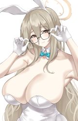1girl absurdres akane_(blue_archive) akane_(bunny)_(blue_archive) animal_ears blue_archive bow bowtie breasts brown_scarf cleavage crimecrime detached_collar glasses gloves halo highres large_breasts leotard official_alternate_costume pantyhose playboy_bunny rabbit_ears scarf smile solo white_gloves white_leotard white_pantyhose