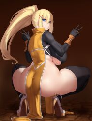 1girl ass aster_crowley black_gloves black_thighhighs blonde_hair blue_eyes breasts curvy darkness_(konosuba) double_v female_pervert gloves hair_ornament high_heels highres huge_ass jewelry knight kono_subarashii_sekai_ni_shukufuku_wo! large_breasts long_hair long_sleeves looking_at_viewer looking_back pelvic_curtain pervert plump ponytail ring smile solo spread_legs squatting thick_thighs thighhighs thighs tiptoes v wide_hips x_hair_ornament