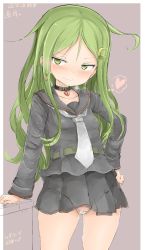 Rule 34 | 1girl, bikini, black skirt, breasts, cameltoe, cleft of venus, covered erect nipples, earrings, female focus, green eyes, green hair, grey background, hair between eyes, heart, heart lock (kantai collection), highres, jewelry, kantai collection, long hair, long sleeves, looking at viewer, miniskirt, moon, nagatsuki (kancolle), okiraku nikku, one-hour drawing challenge, panties, pussy, pussy juice, school uniform, serafuku, simple background, skirt, small breasts, smile, solo, string bikini, striped clothes, striped panties, swimsuit, twitter username, underwear