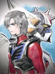 Rule 34 | 1boy, bodysuit, brown hair, duke fleed, grendizer (grendizer u), grendizer u, grey eyes, horns, mecha, pilot suit, redesign, robot, sadamoto yoshiyuki, science fiction, short hair, simple background, sketch, skin tight, super robot, tagme, ufo robo grendizer