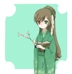 00s alternate_costume alternate_hairstyle bad_id bad_pixiv_id brown_hair cherry_blossoms heterochromia ica japanese_clothes long_hair rozen_maiden solo suiseiseki