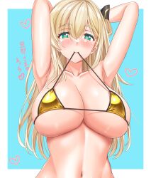 1girl absurdres arm_behind_head arm_up armpits arms_behind_head arms_up ayasaki_(711733) bare_shoulders bikini blonde_hair blush breasts cleavage collarbone commentary_request duel_monster golden_week_bikini green_eyes highres large_breasts long_hair looking_at_viewer navel presenting_armpit sky_striker_ace_-_raye smile solo swimsuit translation_request yu-gi-oh!