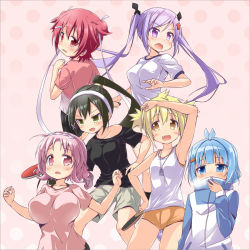 Rule 34 | 6+girls, :d, arrow hair ornament, bad id, bad pixiv id, bike shorts, black legwear, blonde hair, blue eyes, blush, bone hair ornament, breasts, breath, carrot hair ornament, commentary request, covered mouth, fang, food-themed hair ornament, green hair, gym shorts, gym uniform, hair ornament, hair ribbon, hairband, itsumo hokuto, jacket, kamiya agari, large breasts, long hair, long twintails, medium breasts, multiple girls, off shoulder, oomune mune, open mouth, paddle, pink eyes, pink hair, polka dot, polka dot background, ponytail, purple hair, red eyes, red hair, ribbon, riki (archf), shakunetsu no takkyuu musume, short hair, short twintails, shorts, small breasts, smile, sweat, sweatband, table tennis paddle, talisman, tenka hanabi, thighhighs, track jacket, tsumujikaze koyori, twintails, ushirode kiruka, white legwear, x hair ornament, yellow eyes